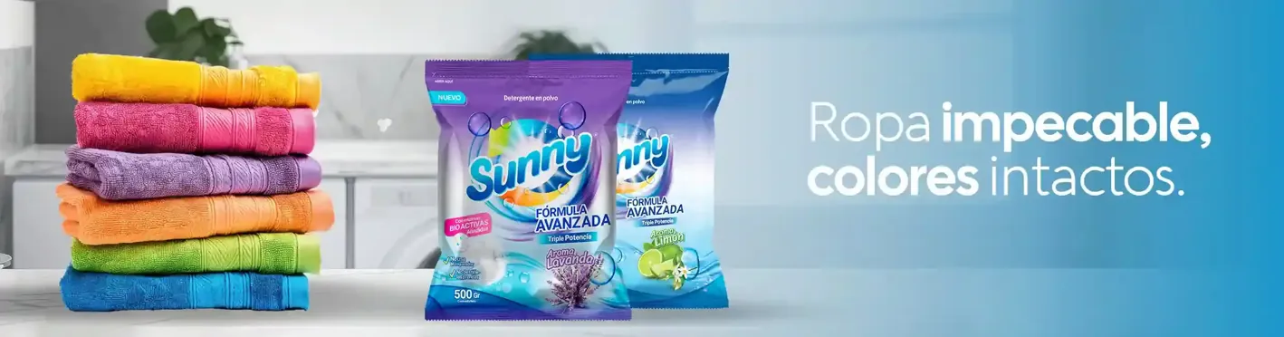 Detergente Sunny para ropa impecable y colores intactos, disponible para distribución al por mayor en Lima, Perú